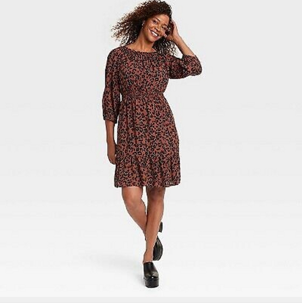 NWT Knox Rose Leopard Print Smocked Waist Dress, Size Small